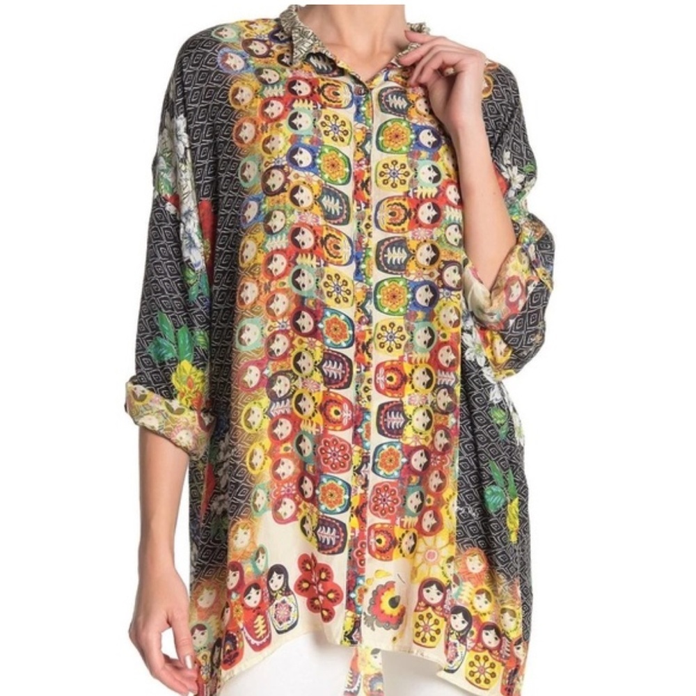 Johnny Was silk MATRYOSHKA NESTING DOLLS silk blouse NWT RARE